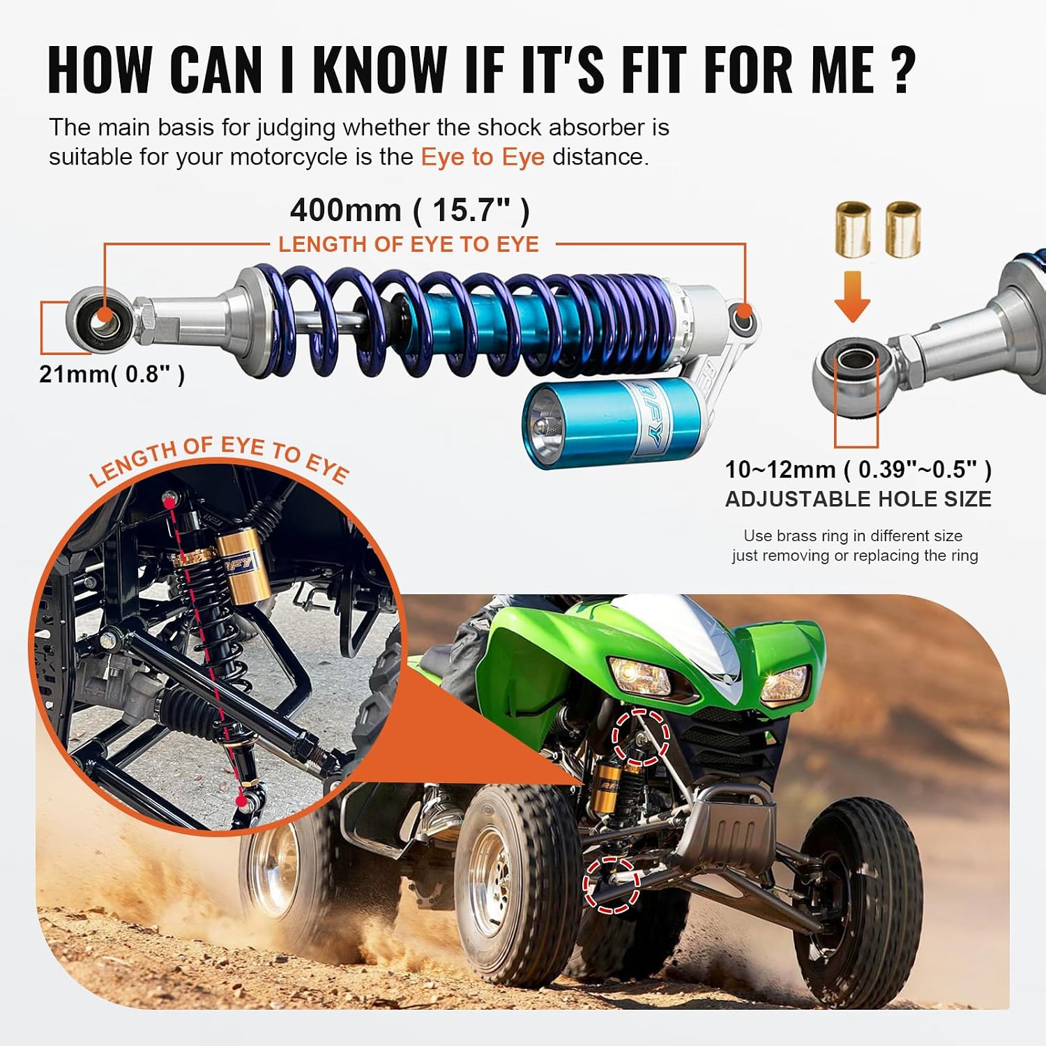 15.7" 400mm Motorcycle Air Shock Absorbers,ATV Shock Absorbers Adjustable Go Kart Suspension Universal for HONDA, for Yamaha, for Suzuki, for Kawasaki ATV Go Kart Quad Dirt Sport Bikes