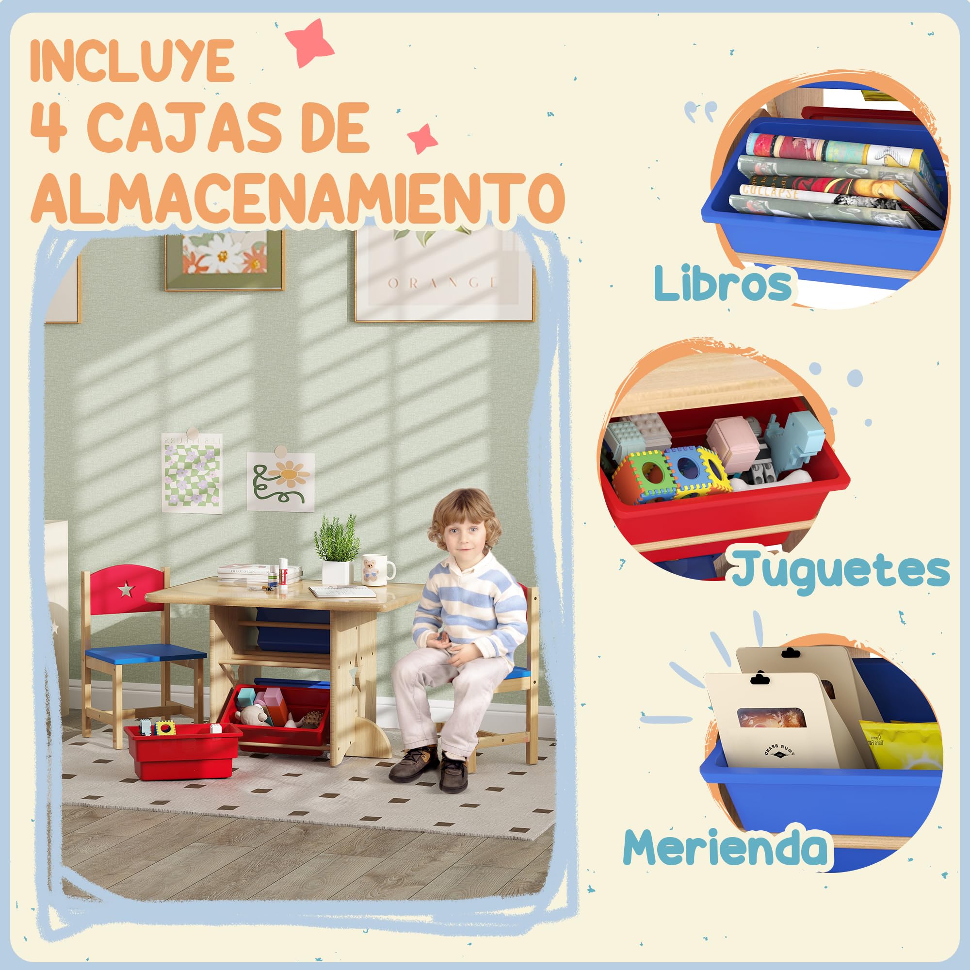 AIYAPLAY Mesa y Sillas Infantiles de 3 Piezas, Mesa Infantil, Natural | 2 Sillas, 4 Cestas de Almacenamiento, Juego de Muebles para Actividades, Niños de +3 Años, Sala de Juegos