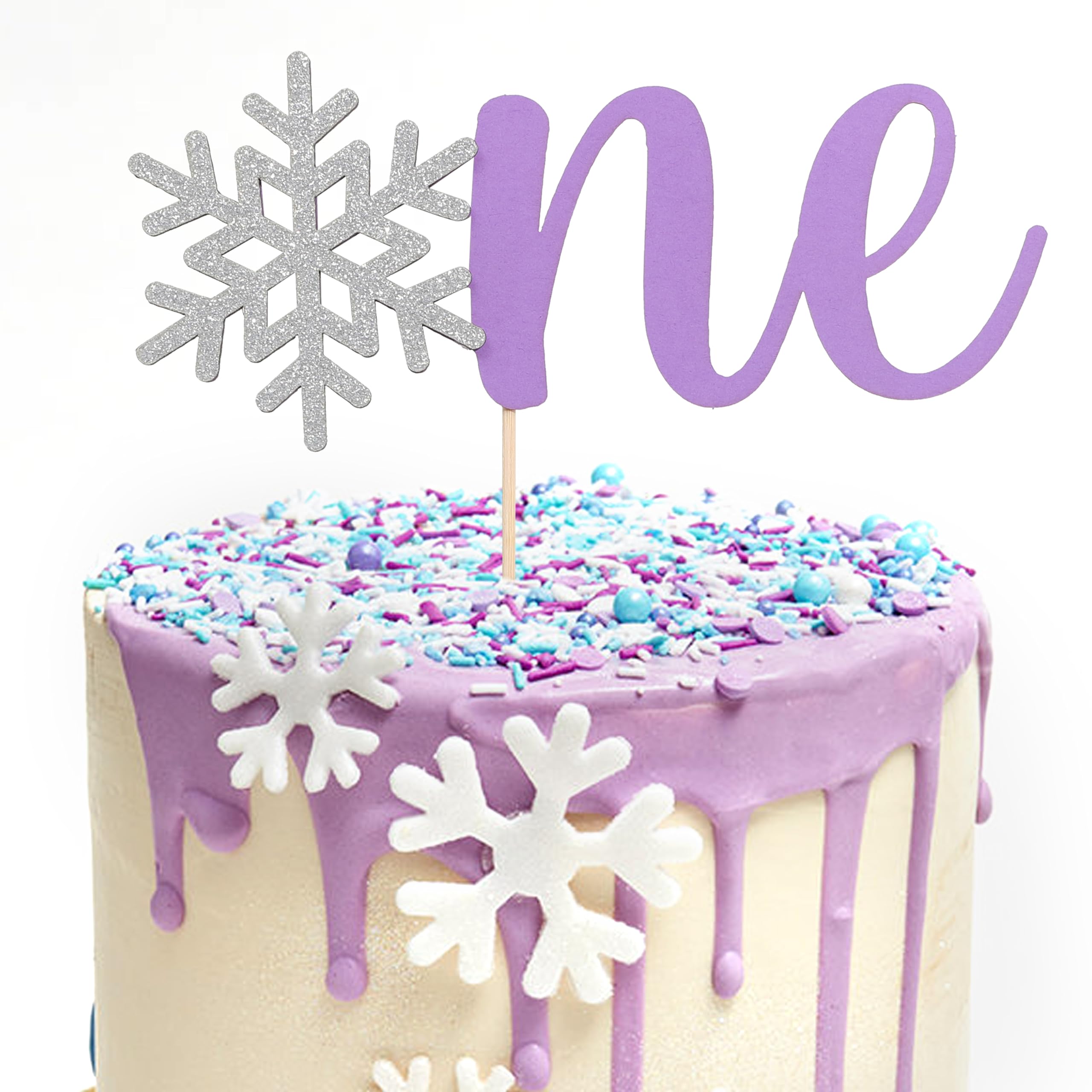 Snowflake One Birthday Cake Topper - Purple& Silver Glittery Winter Wonderland Theme Party Decorations for Kids ，Sweet Little Snowflake 1st Birthday