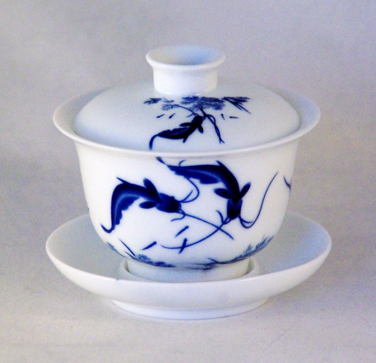 Bana Twin Fish Design Chinese Gaiwan (Traditional Chinese Teaware Comprised of a Cup, Saucer and Lid) - Made in Jingdezhen and Pu-erh Tea Sample