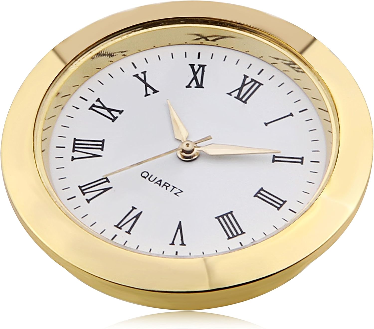 ShoppeWatch Mini Clock Insert 2 inch (55mm) Quartz Movement | Miniature Clock Face Insert | Small Round Fit Up White Face Gold Tone Bezel Roman Numerals CK083GD