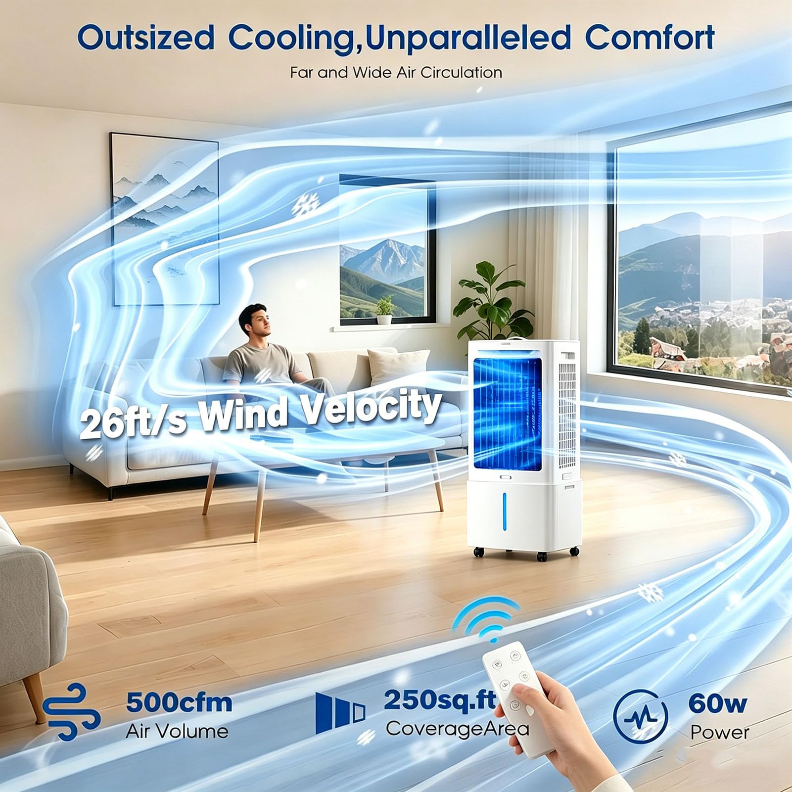 24L Climatizador Evaporativo, 65W, Función Fría, Ionizado y Ventilador, 3 Velocidades, 3 Modos, Panel Táctil, Temporizador 12h, Mando a Distancia, para Oficina Hogar