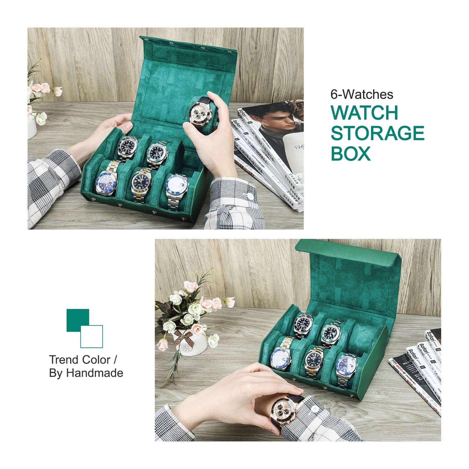 1 rotolo di orologio esagonale verde, organizer for orologi portatile con 2/3/4/6/8 slot