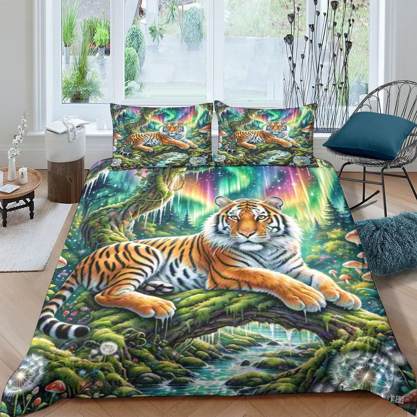 Ctjqhvkz Style-5 3D Printed Aurora Jungle Tiger Fitted Sheet Microfiber Soft Anti-Slip Animal Forest Mattress Cover For Bedroom Home Single（135X200cm）