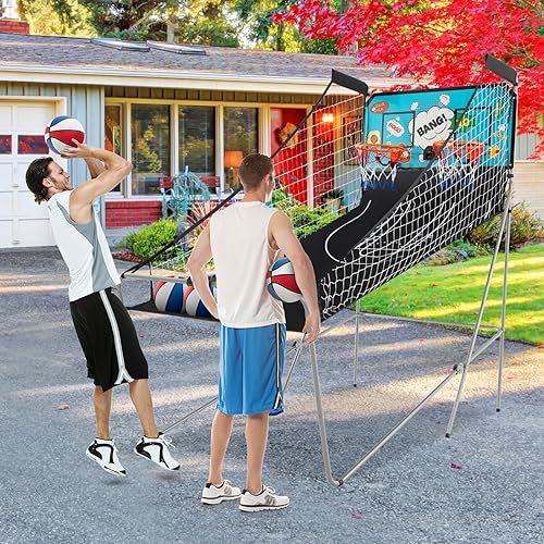 Vista 43 de Goplus Juego de arcada de baloncesto plegable de doble tiro, juego de aro de baloncesto con puntuación electrónica, 8 modos de juego, 4 bolas, Negro