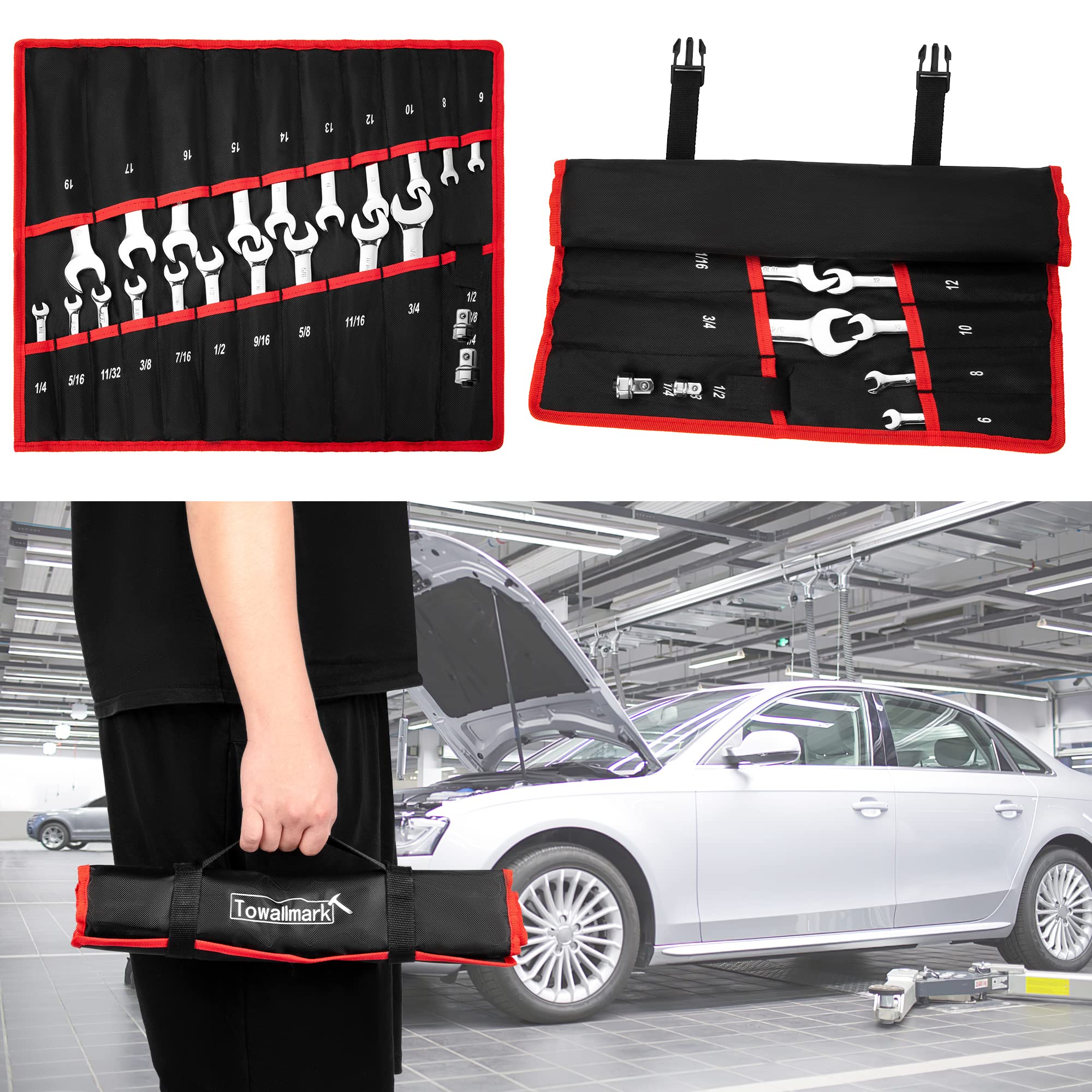 Towallmark Set di chiavi combinate a cricchetto, 20 pezzi, set di chiavi combinate standard, 72 denti, SAE 1/4-3/4" e metrico 6-19 mm, acciaio Cr-V con custodia per progetti di camion/garage, ecc.