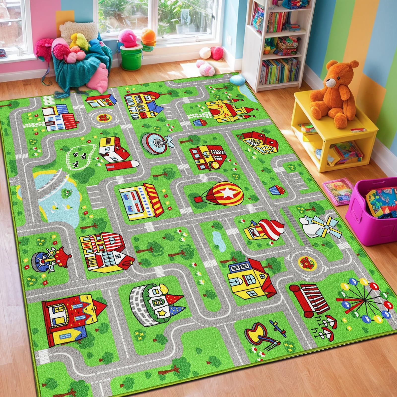 Capslpad Alfombra para niños para sala de juegos, alfombra de juego rosa para tráfico, coche, alfombra de 6.5 x 5 pies, alfombra de aprendizaje educativa, lavable, alfombra para niños y niñas,