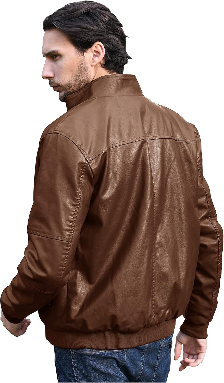WenVen Men's Stand Collar Fleece Lined Bomber Faux Leather Jacket Warm Winter Coat - Image 4