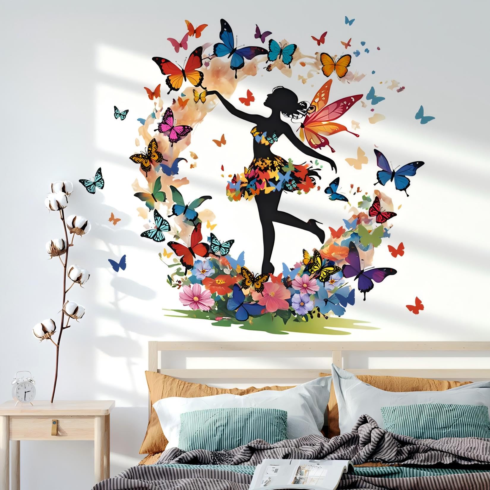 Butterfly Girl Wall Stickers,Flower Fairy Wall Decal,Colorful Floral Wall Mural Colorful Butterflies Wall Decor DIY Removable Vinyl Wall Art for Girls Baby Nursery Bedroom