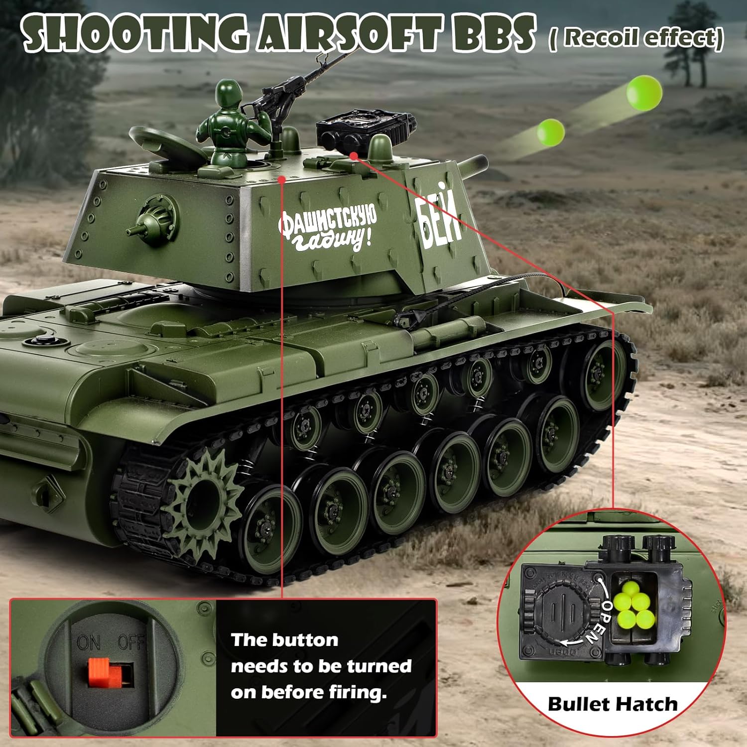 Supdex 1/18 Soviet Union KV1 RC Tank, 2.4G Army Model Toy with Smoke, Sound and Lights, 165ft Remote Control, All-Terrain Indoor Outdoor Toy for Kids & Adults