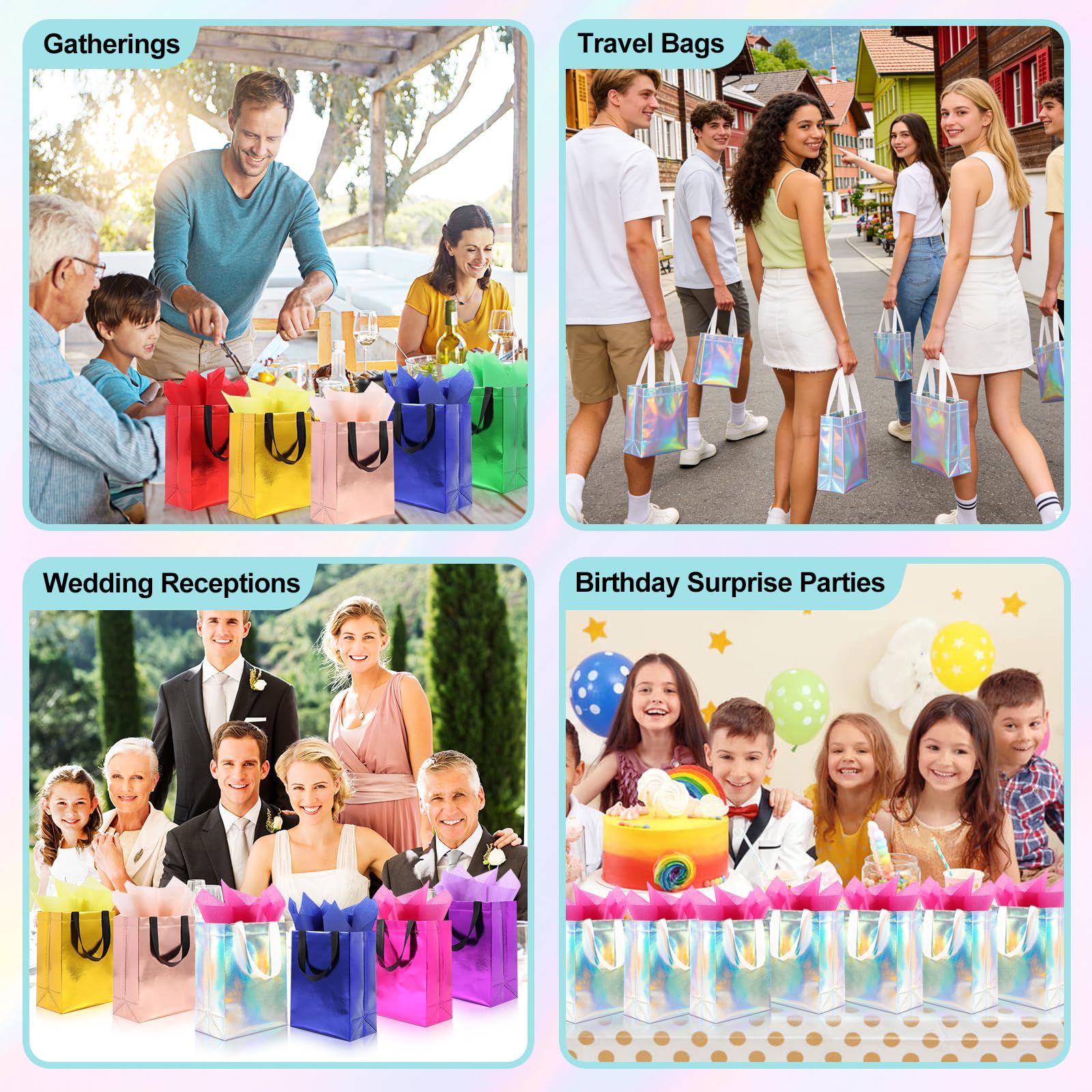 Addblu 12 Pack Reusable Gift Bags with Handles & 24 Tissue Papers, 10x4x8 Inch Iridescent Gift Bags with Cardboard Bases for Shopping, Parties, Birthdays, Weddings, Holiday, Father's Day (Holographic Gift Bag-White Papers)