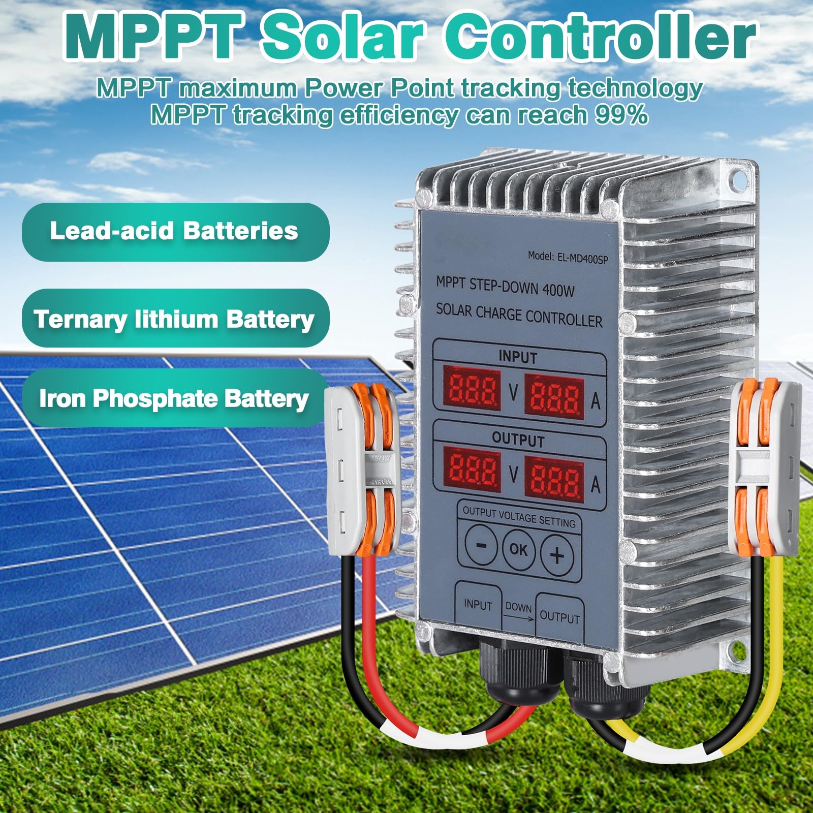 DEWIN Controlador de Carga Solar, Boost MPPT Regulador de Carga Solar 24-85V Voltaje Ajustable Step Up Cargador de Batería Solar 400W