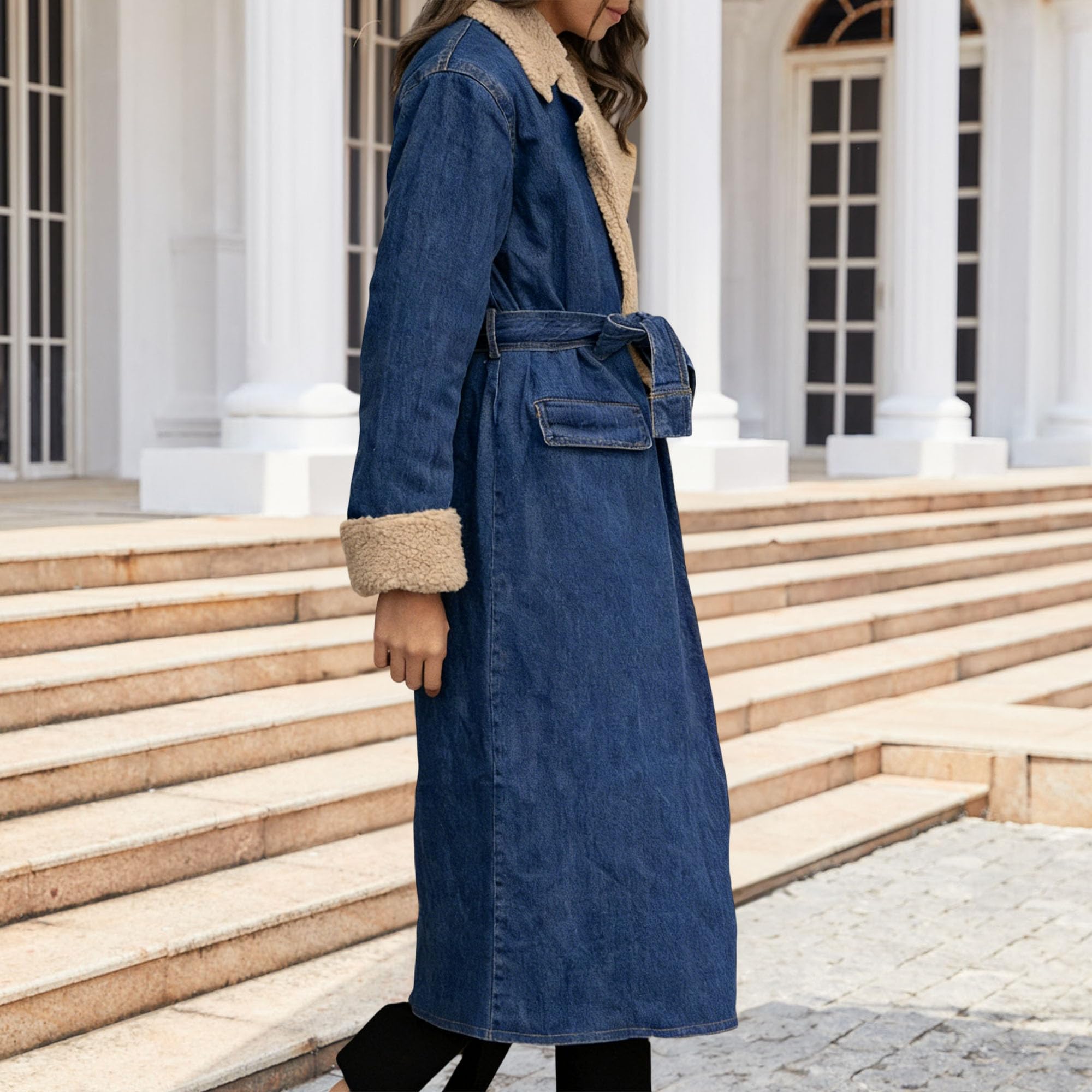 Gabardina vaquera larga para mujer, chaqueta vaquera con forro de sherpa, forro polar, cálida, informal, con cinturón, para invierno