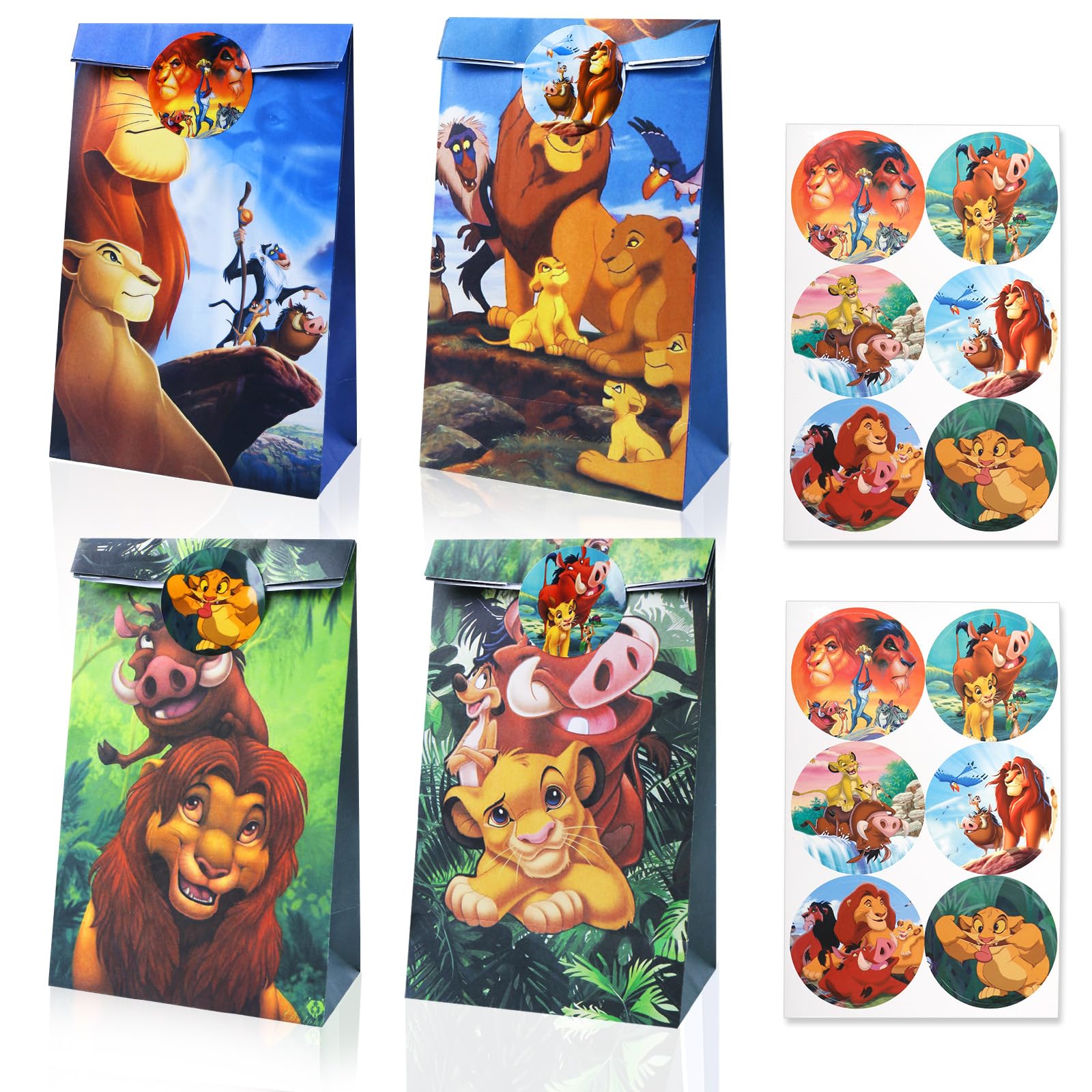 12 Pcs Lion king Party Bags for Kids, Paper Gift Bags with 12 Stickers, Candy Goodie Treat Bags for Birthday