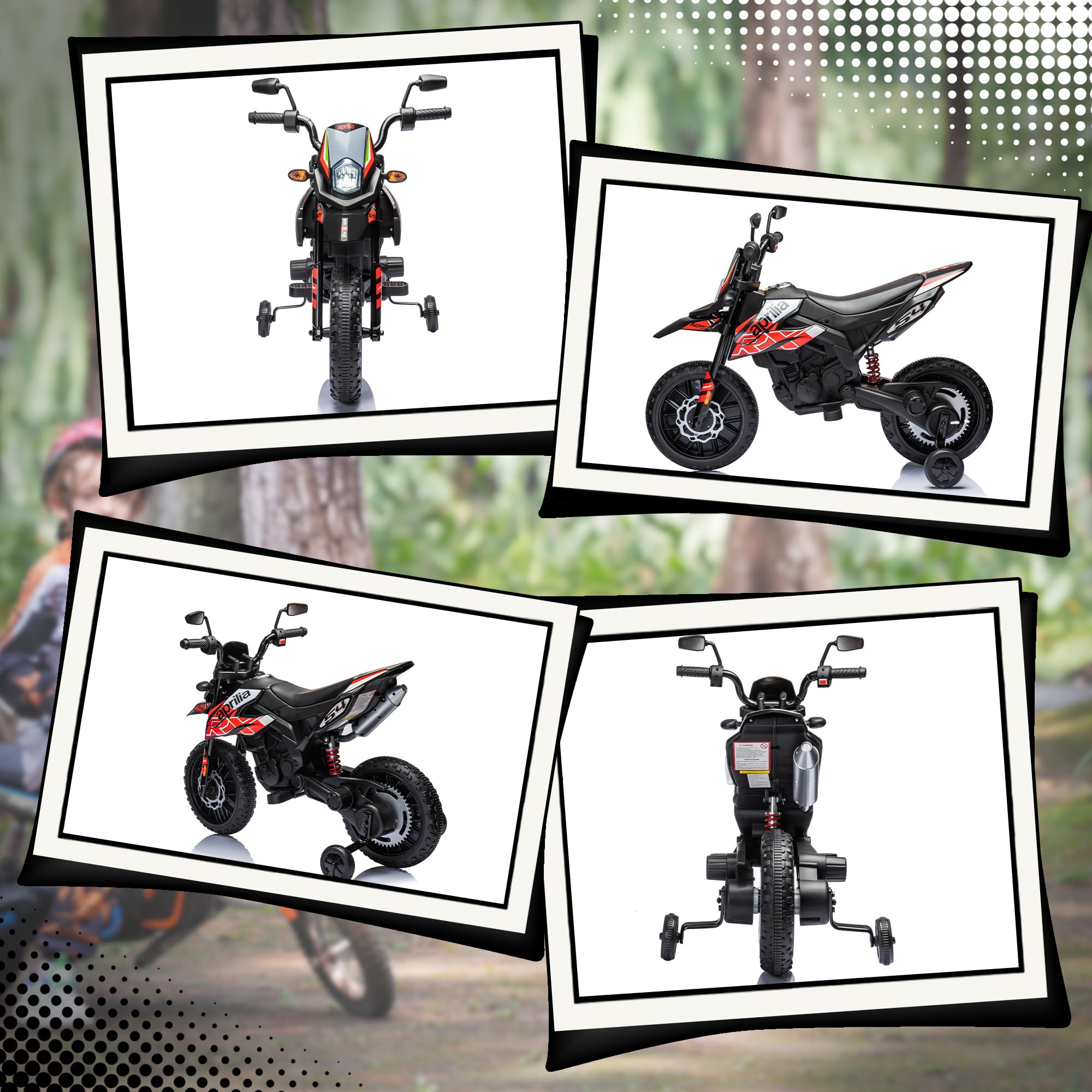 AIYAPLAY Moto électrique Enfants Moto Cross pour Enfant sous Licence Aprilia avec 2 Moteurs 12V, Vitesse Max. 6 km/h, Roues d'entraînement, Suspension à Ressort, lumière LED, Musique, USB - Rouge