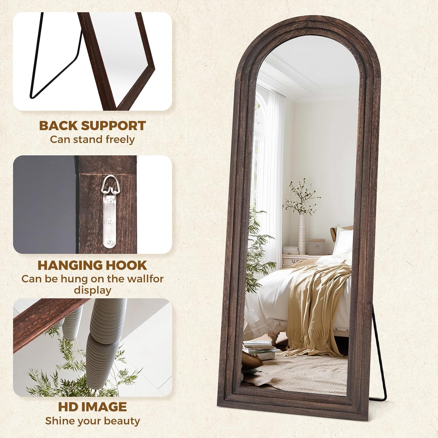 65"x22" Arched Floor Mirror, Solid Wood Full Length Mirror - Free Standing & Wall Mounted - Elegant Design for Bedroom, Dressing Room, Hallway, Brown - Image 2