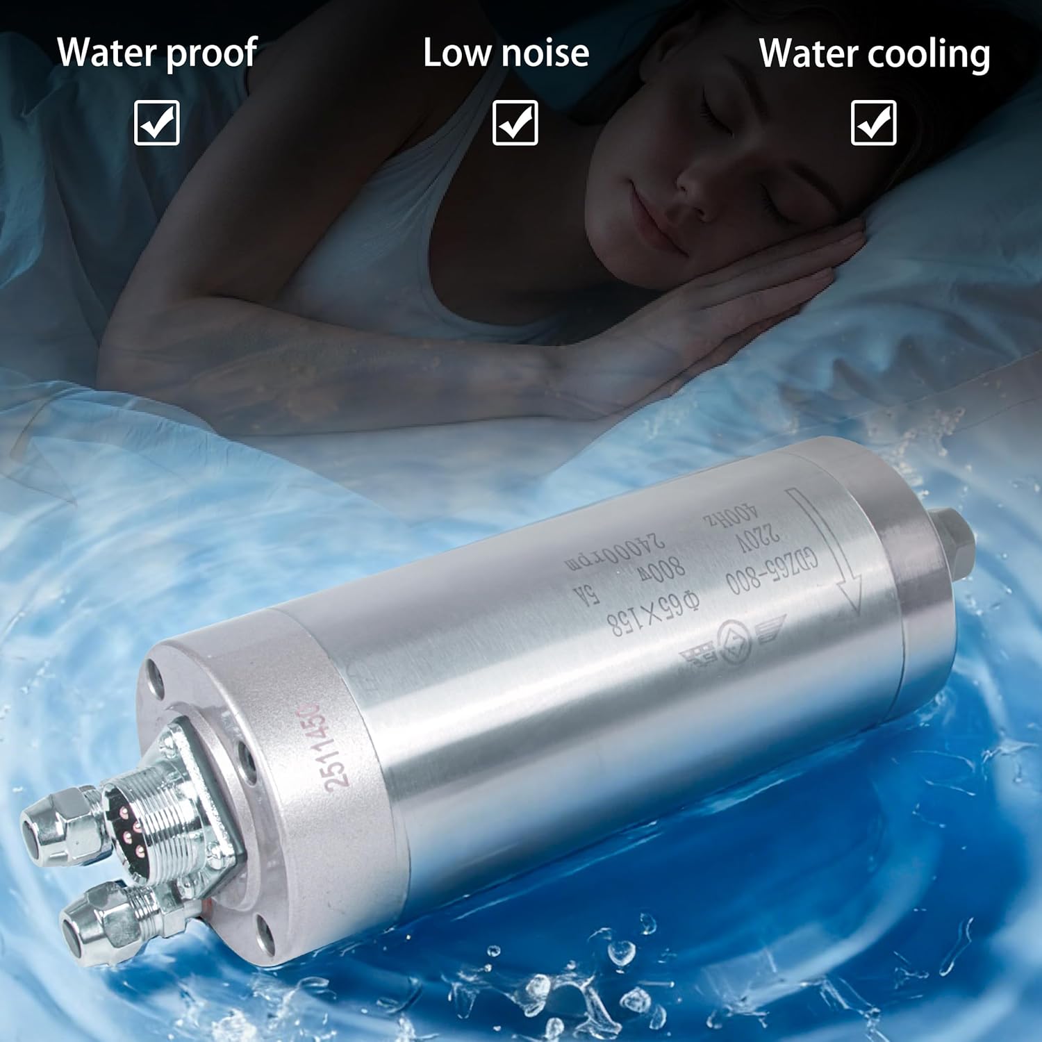 RATTMMOTOR 800W Spindle Motor Kit, 65mm Spindle Motor Water Cooled 0.8KW 220V 400HZ+1.5KW VFD 220V Single to 3 Phase Inverter Variable Frequency Drive+65mm Spindle Mount+ER11 Collet+80W Water Pump