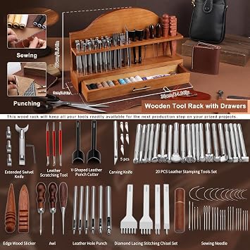 BUTUZE Leather Tools, Leather Crafting Kit with Leather Tool Rack, Leather Working Tools Kit for Adults and Tool Supplies for Carving, Stamping, Engraving, Sewing, Cutting, Punching and DIY Crafts
