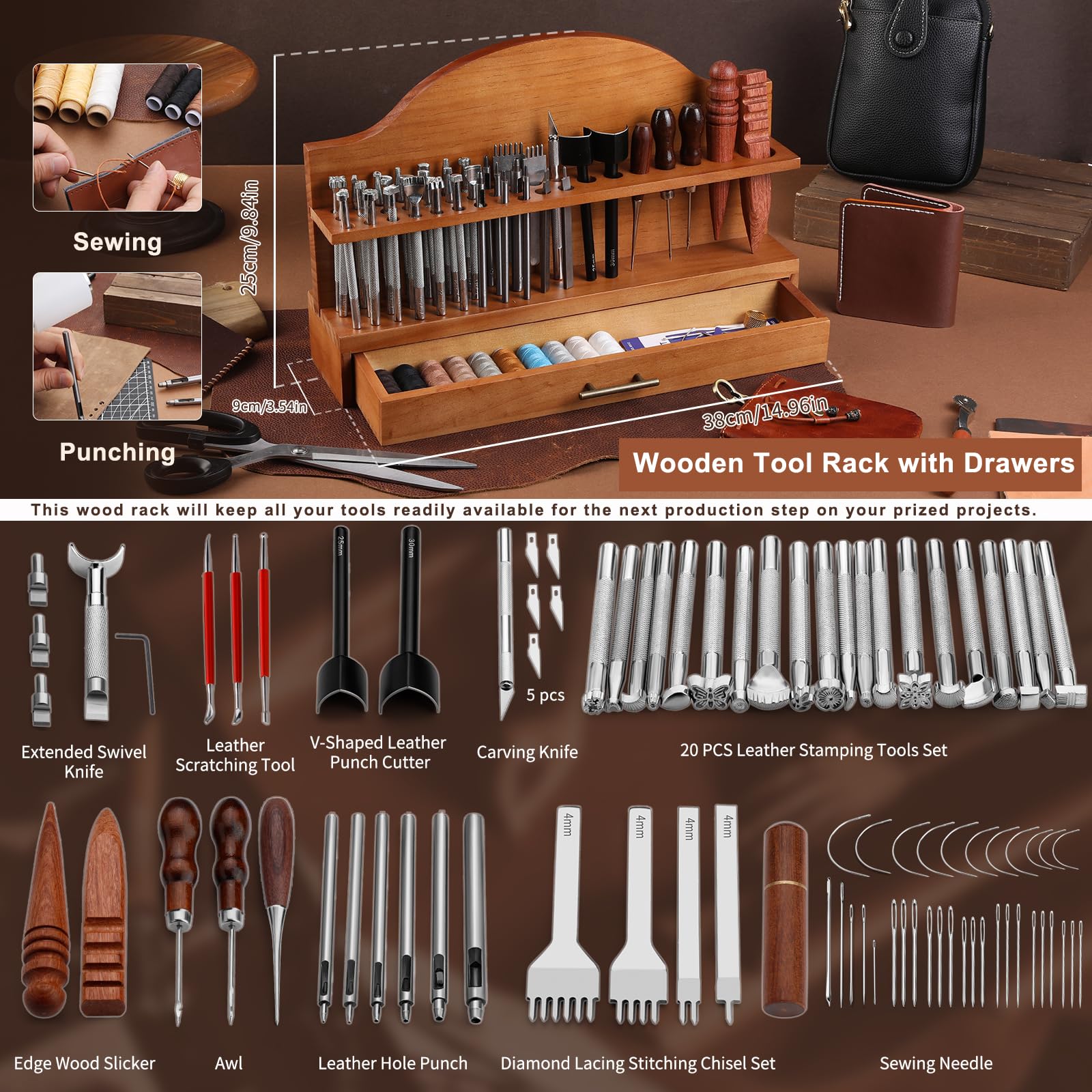 BUTUZE Lederwerkzeuge, Leder-Bastelset mit Leder-Werkzeugständer, Lederarbeitswerkzeug-Set für Erwachsene und Werkzeugbedarf zum Schnitzen, Stempeln, Gravieren, Nähen, Schneiden, Stanzen und Basteln
