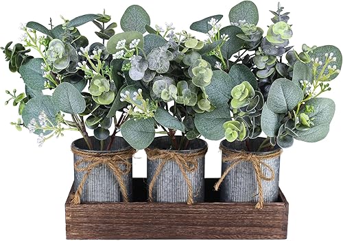 Juego de 3 macetas de metal galvanizado de granja, centro de mesa, arreglo artificial de eucalipto plateado con caja de madera rectangular para