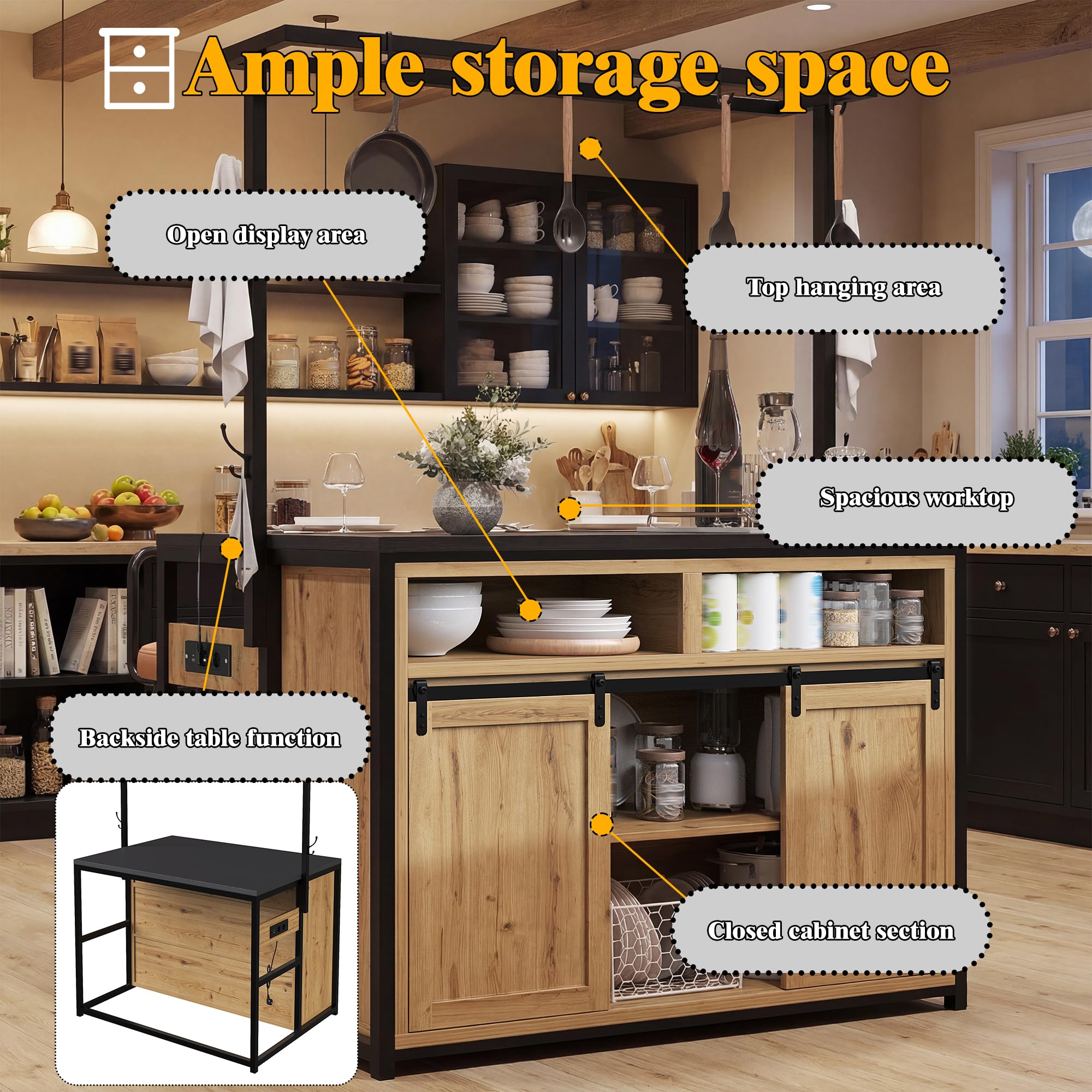 Armadio a isola da cucina con piano di lavoro, altezza 183 cm, mensola sospesa, effetto legno/nero, per cucina e sala da pranzo