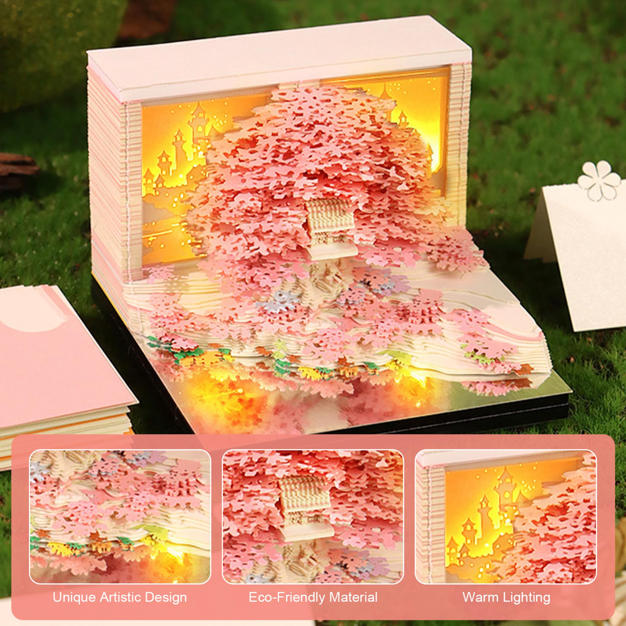 Calendario 3D 2027, bloc de notas 3D extraíble con luz LED, calendario de escritorio y soporte para notas, tema de flores y árboles marinos