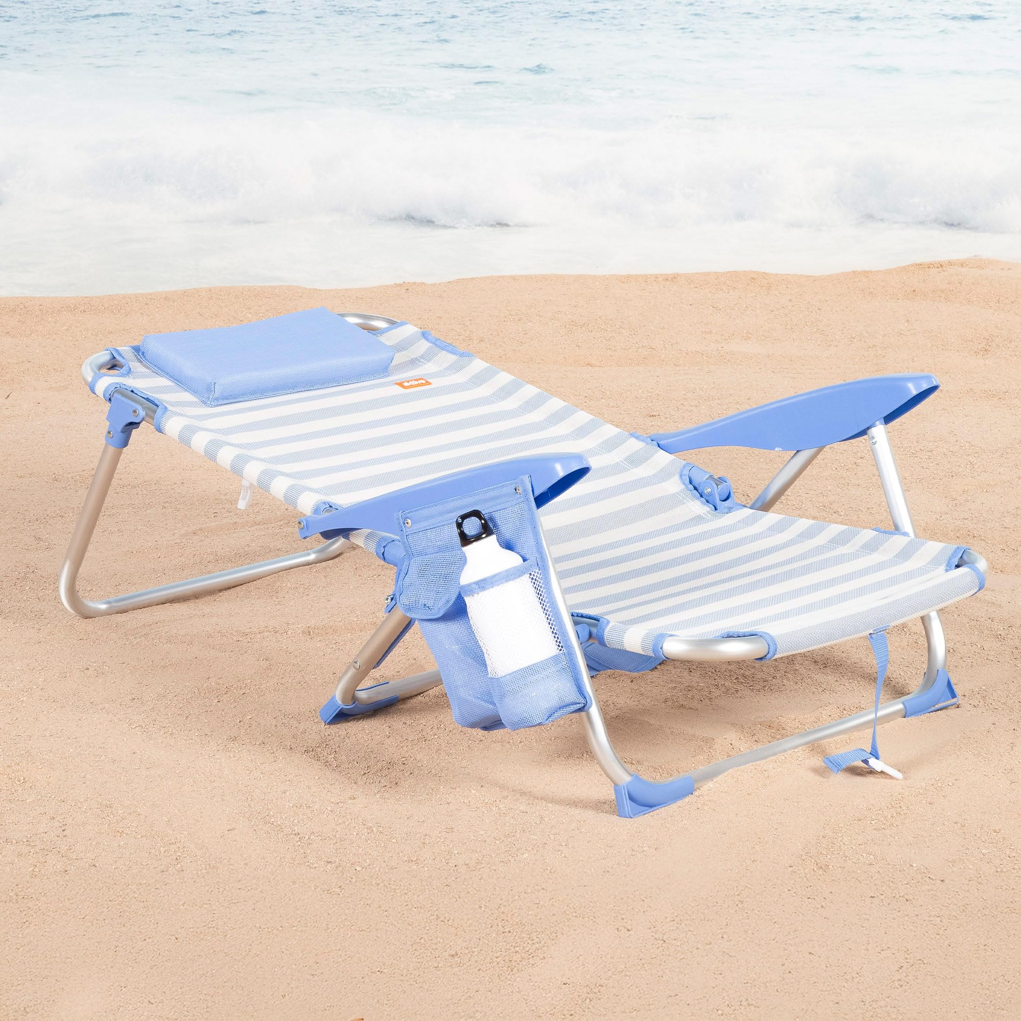 AKTIVE Silla de Playa Plegable, Rayas marineras, 51x45x76 cm, 4 Posiciones, Aluminio y textileno, Antivuelco, Soporta 110 kg, Cojín, Asa Transporte, Bolsillos, Tumbona jardín (62547)