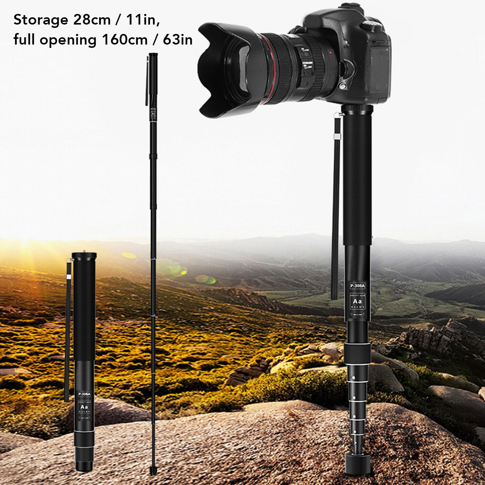 Monopiede Retrattile, Monopiede per Fotocamera in Lega di Alluminio a 8 Sezioni, Asta di Prolunga Telescopica Portatile per Escursioni Fotografiche, 160 Cm 63 Pollici
