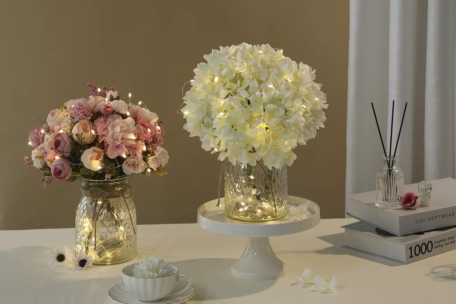 Artificial LED Pink Rose Flowers with Glass Vase, Flower Arrangement for Table Centerpiece, Home Office Wedding Decoration - Image 4