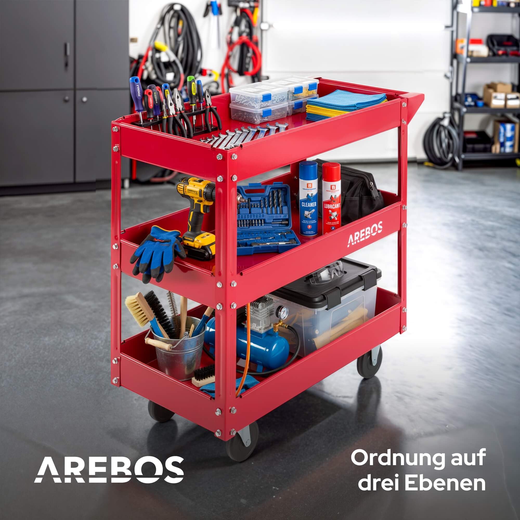 Arebos Werkstatt-Rollwagen | Montagewagen mit 3 Ablagefächern | bis 120 kg belastbar | robuster Werkzeugwagen aus Stahl | Mobile Transporthilfe mit 2 Lenkrollen | für Werkstatt, Garage & Hobbyraum