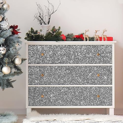 Miniatura 7 de Papel tapiz de contacto plateado con purpurina de 17.7 x 236 pulgadas, papel tapiz autoadhesivo plateado con lentejuelas gruesas, papel tapiz