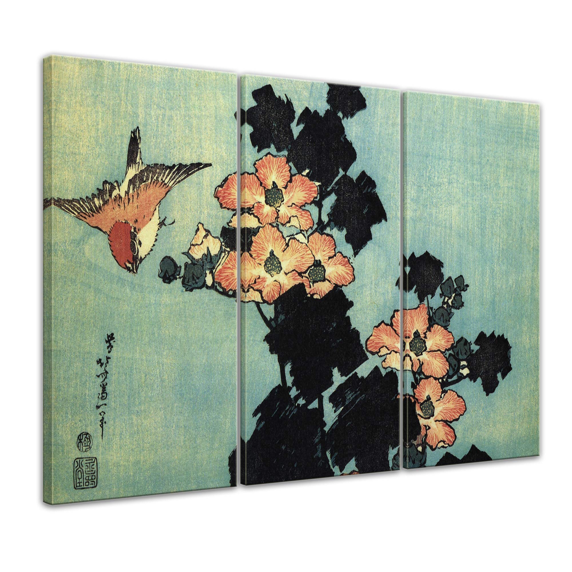 Bilderdepot24 Bild auf Leinwand | Katsushika Hokusai Hibiskus und Spatz in 120x80 cm mehrteilig als Wandbild XXL | Wand-deko Dekoration Wohnung alte Meister | 181095-120x80-3tlg