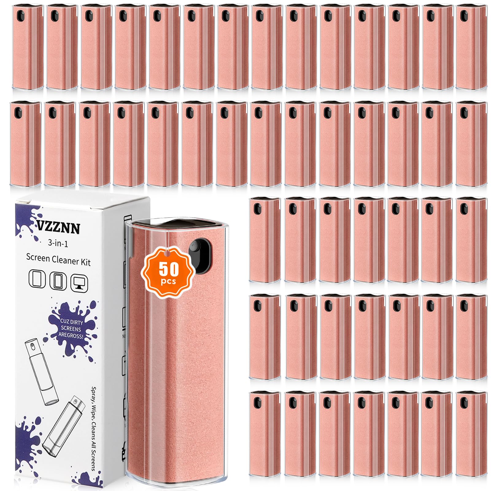 Confezione da 50 pulitori per schermo 3 in 1, spray e salviettina, soluzione di pulizia integrata, per tutti gli schermi di auto, telefono, laptop, iPad, TV, monitor, rosa