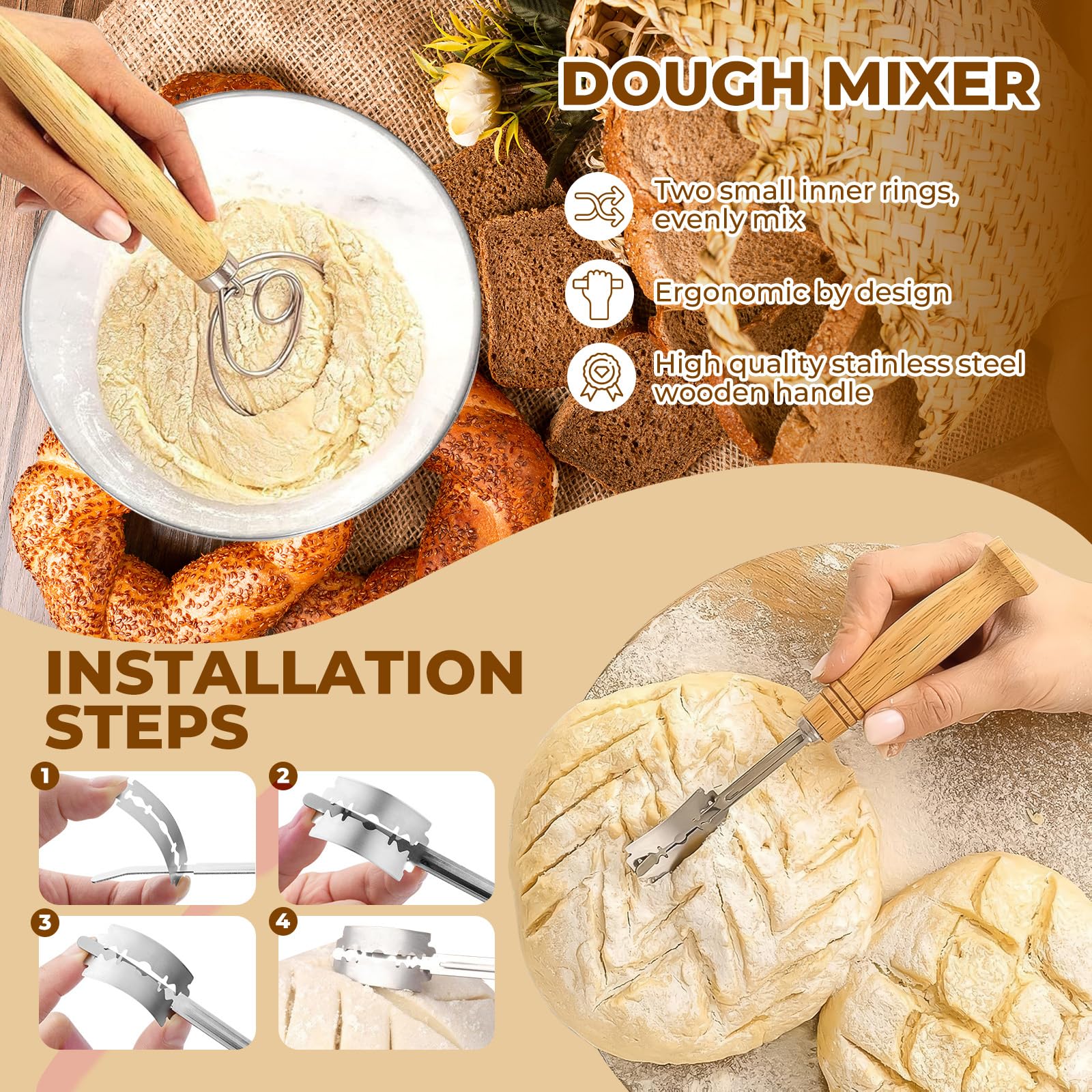 Banneton pour Pain, Corbeille a Pain Rond 25cm, Pot de Fermentation 700ml, Grattoir à Pâte, Brosse, Kit Boulangerie pour Pains à Levain, Panier a Pains pour Débutant, Passionné de Boulangerie