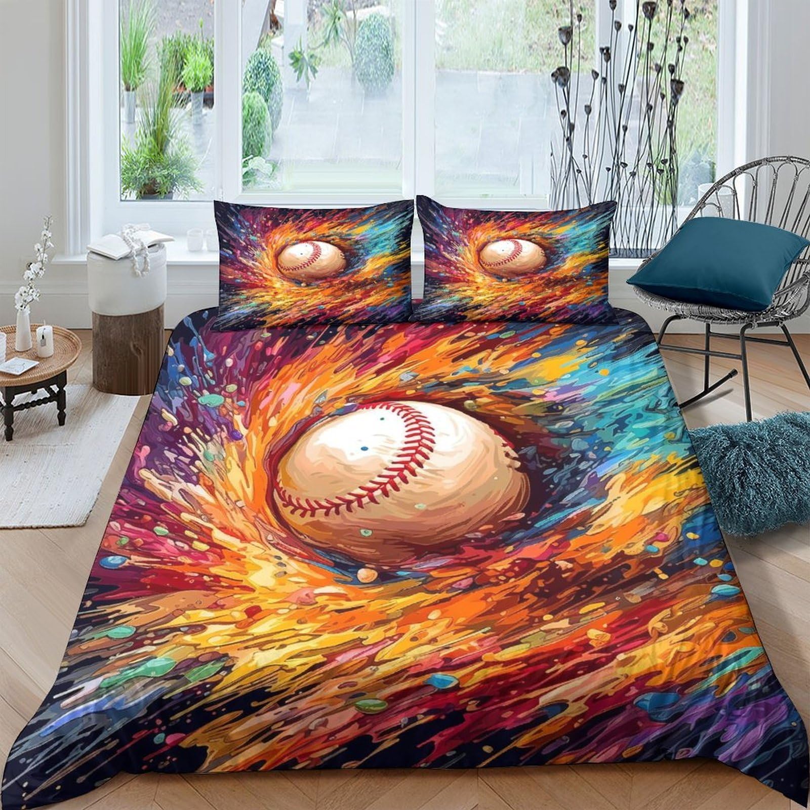 Ctjqhvkz Style-6 3D Printed Fire Baseball Fitted Sheet Microfiber Soft Colourful Splash Bed Cover For Bedroom Dorm Mattress Protection Decor Single（135X200cm）