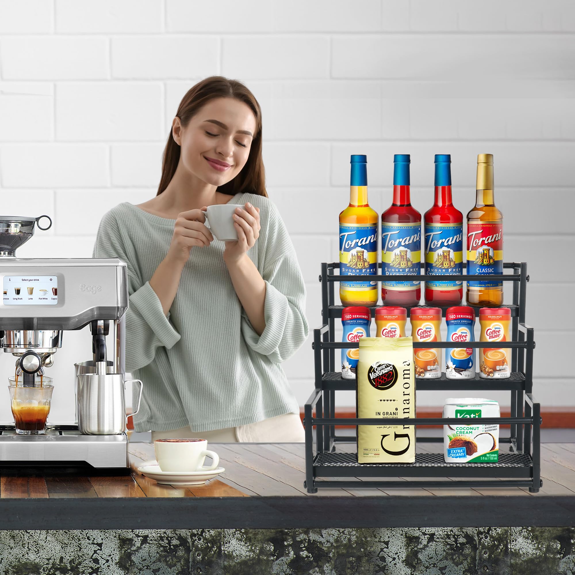 Coffee Syrup Organizer Alyoen 3-Tier Rack With Drawer - Holds 8 Bottles ...