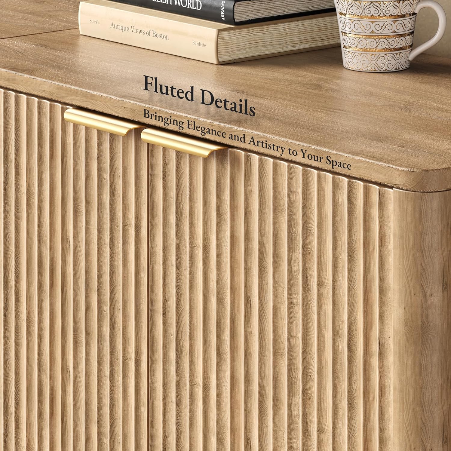 Evermagin 94.5" Oak Buffet Cabinet with Storage, Large Sideboard Cabinet, Boho Accent Credenza, Fluted Console Table with Doors for Dining Room, Kitchen, and Living Room