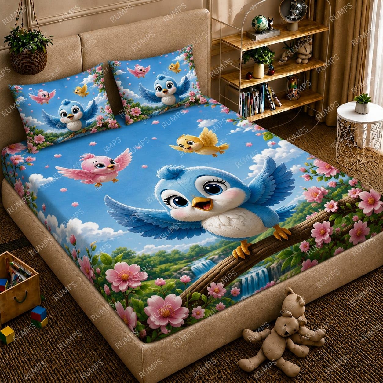RUMPS 3D Digital Printed Double Bedsheet Flat | Premium Knitted Cotton MicroFabric 90x100 Inch Bed Sheet with 2 Pillow Covers, Cute Cartoon Blue Bird (Sky Bule)
