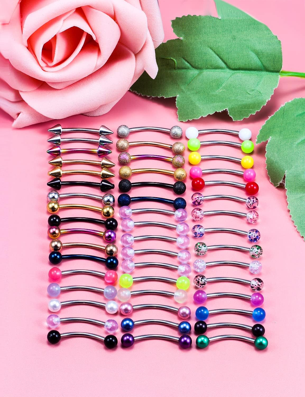 Oufksiyy 48PCS 14G Glow in The Dark Snake Eyes Tongue Rings Surgical Steel Curved Barbell Nipplerings Nipple Ring Body Piercing Jewelry for Women Men Long Barbell Bridge Tongue Rings