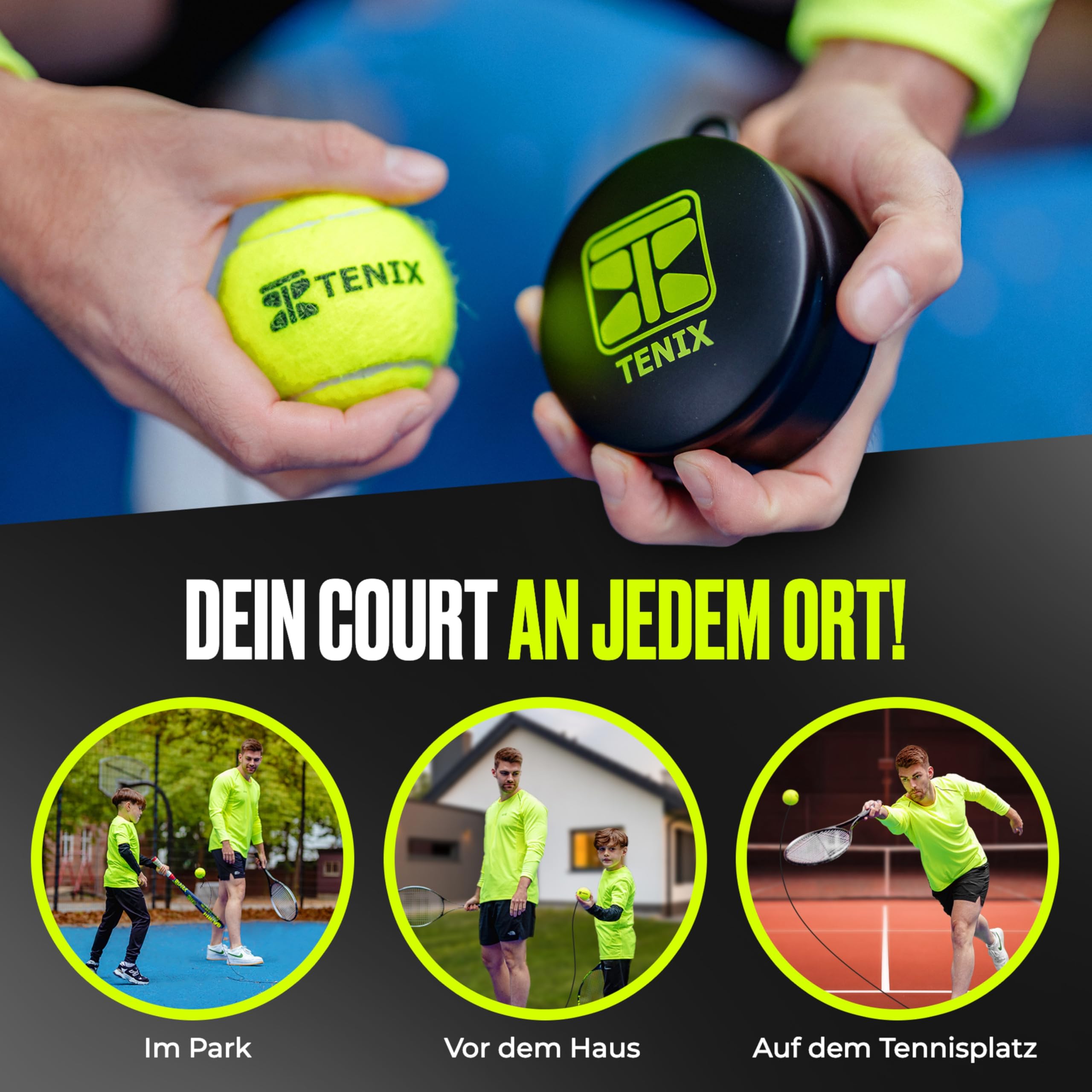 TENIX® Tennis-Trainer Set [mit Power-Grip-System] Tennis Trainingsgerät für Kinder & Erwachsene | Tennis alleine Spielen im Hof, im Park, auf dem Tennisplatz | Hole dir deinen Selbst-Trainer!