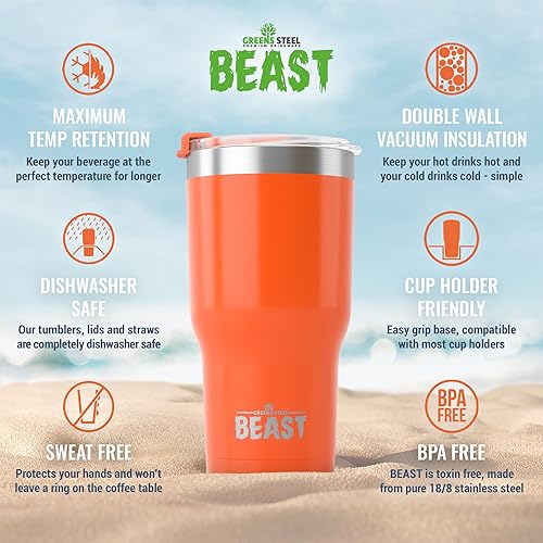 Miniatura 6 de Beast Vaso de 20 oz de Acero Inoxidable con Aislamiento al Vacío para Café y Hielo de Doble Pared Termo de Viaje (Naranja)