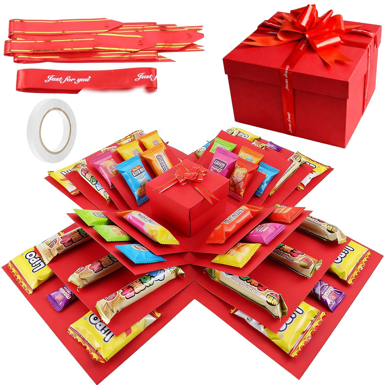 5 Layer Creative Explosion Gift Box, Surprise Gift Box Explosion, Red Snack Gift Box, Present Boxes for Gifts, Exploding Box with Assorted Treats, Unique Gift Idea for Special Occasions