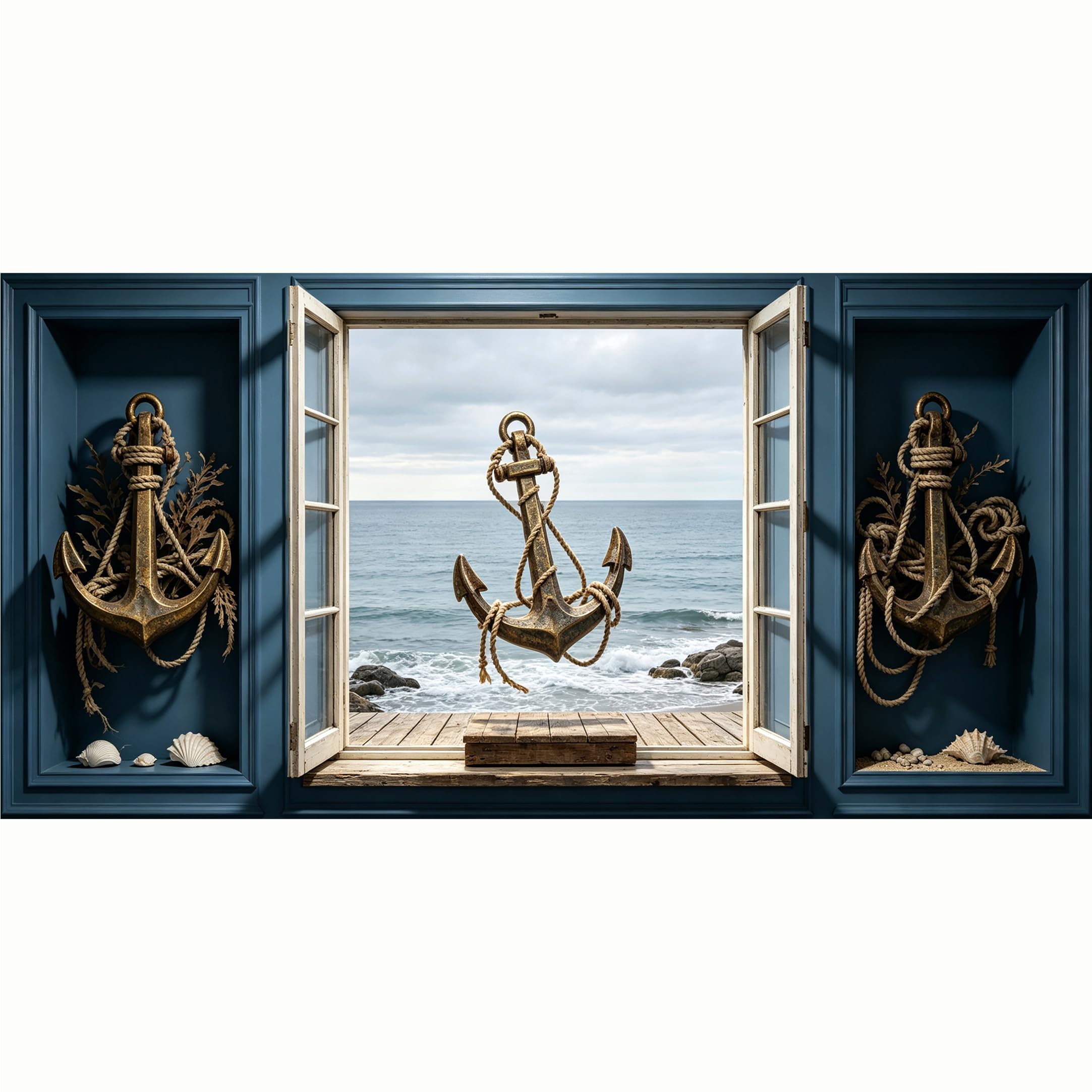 QZLITHOTIC 50x100cm 3D Framed Wall Art， Coastal Ocean Anchor Nautical Window View Self‑Adhesive Mural， Water‑Activated Peel & Stick Fabric Decor Wall Decal for Bedroom Living Room