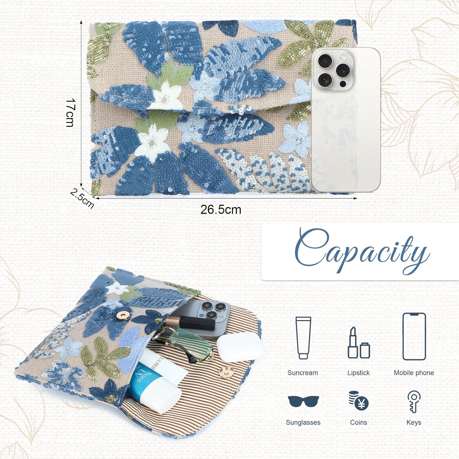 Oweisong Beaded Clutch Purse for Women Embroidered Evening Handbag Formal | Sequin Bead, Floral Print, Dress Purse, For Summer Spring, Long Chain - Image 4