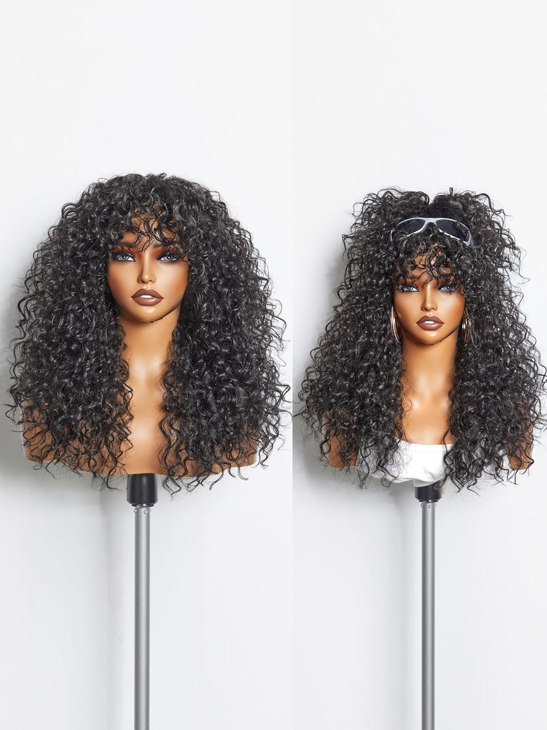GORGIUS Glueless Curly Wig with Bangs Natural Black Synthetic Curtain Bang with Realistic Scalp Put On and Go 20 Inch Black Curls