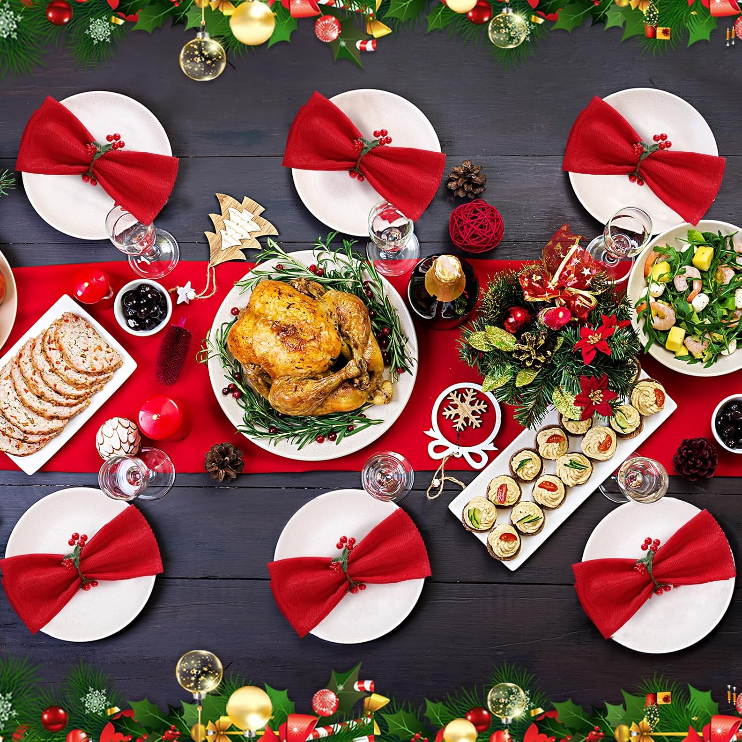 Sliner 48 Pcs Christmas Napkins & Rings Set 24 Red Cloth Napkins 24 Christmas Napkin Rings for Holiday Dinner Party Table Decoration(Simple Style)