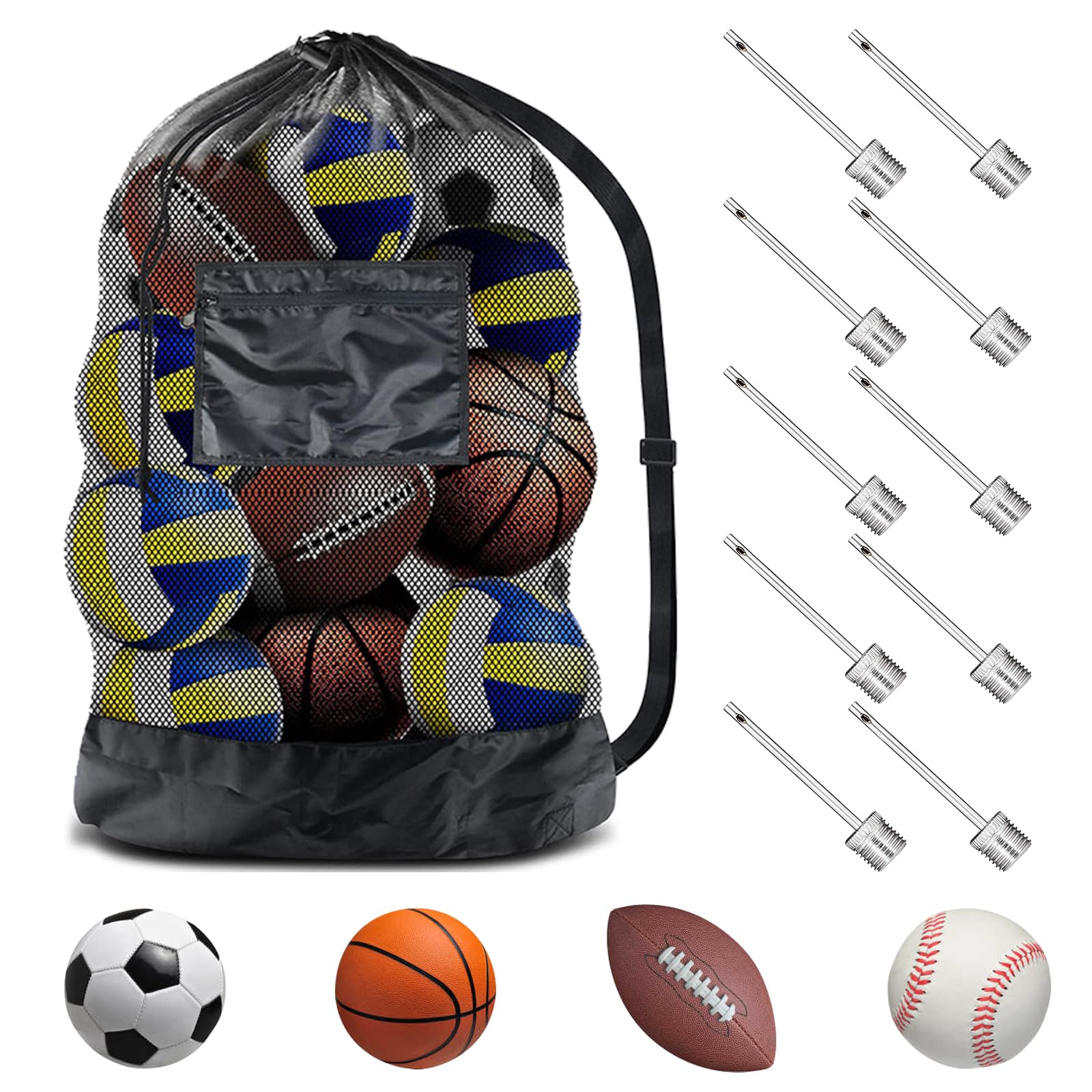 Scettar Borsa da Calcio in Rete, 101 * 76 CM Mesh Ball Bag Large con Coulisse e Tracolla, Rete Porta Palloni Portatile per Casa/Scuola/Ufficio/Palestra, Viene Fornito con 10 Birilli Gonfiabili