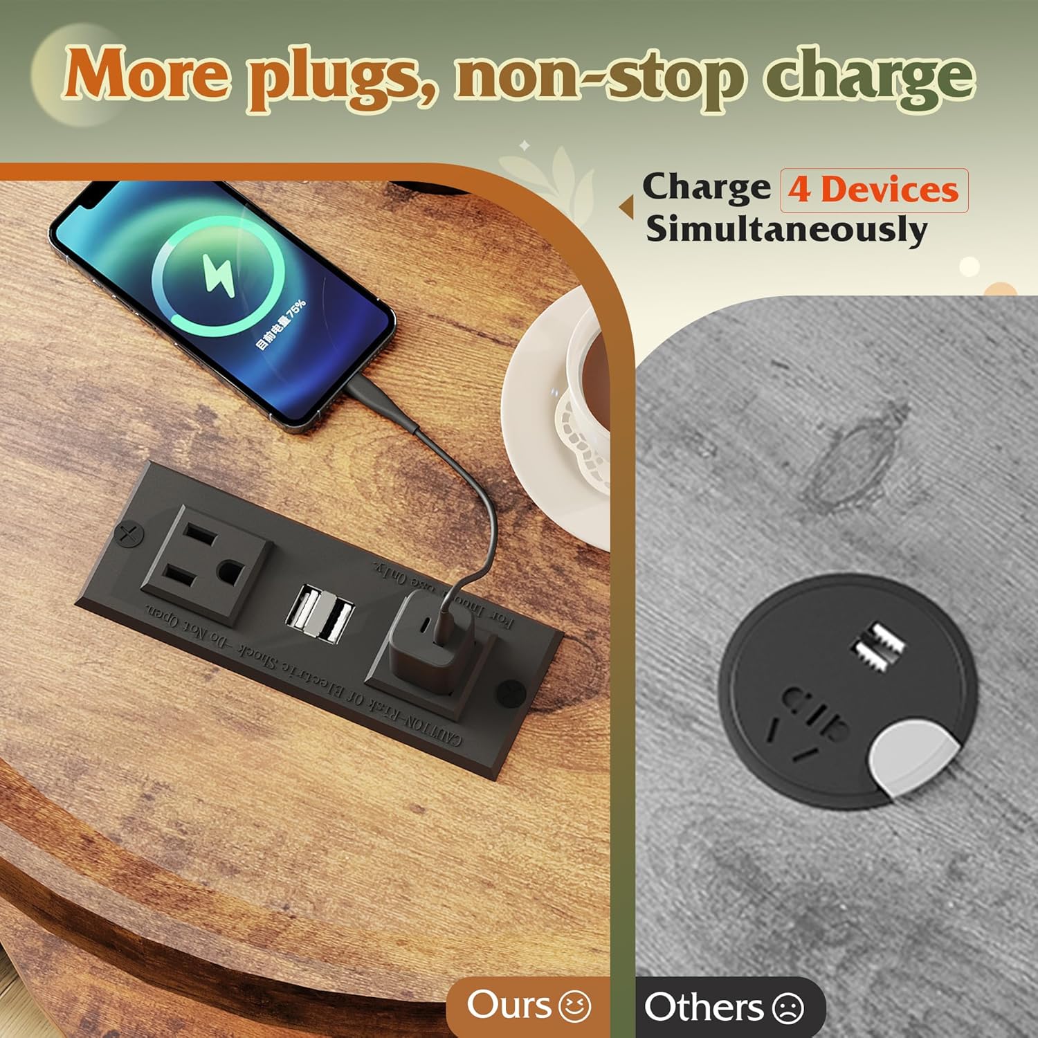 WLIVE Small Round Side Table with Charging Station, Round Coffee Table, 2 Tier End Table for Living Room/Bedroom, Sofa Couch, Easy to Assemble, Wood Tabletop & Metal Frame, Rustic Brown