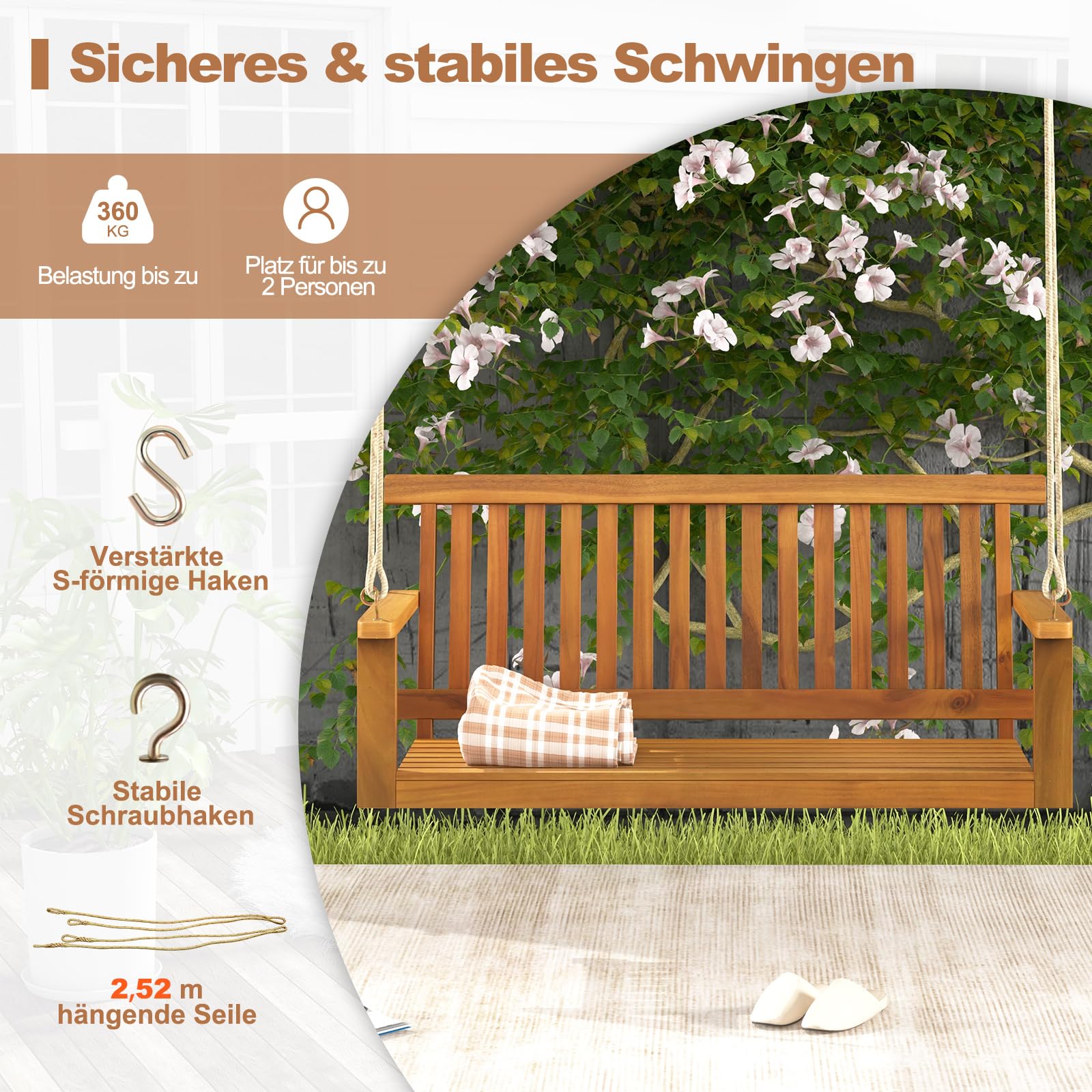 COSTWAY Hängebank Outdoor, 2-Sitzer Schaukelbank Holz