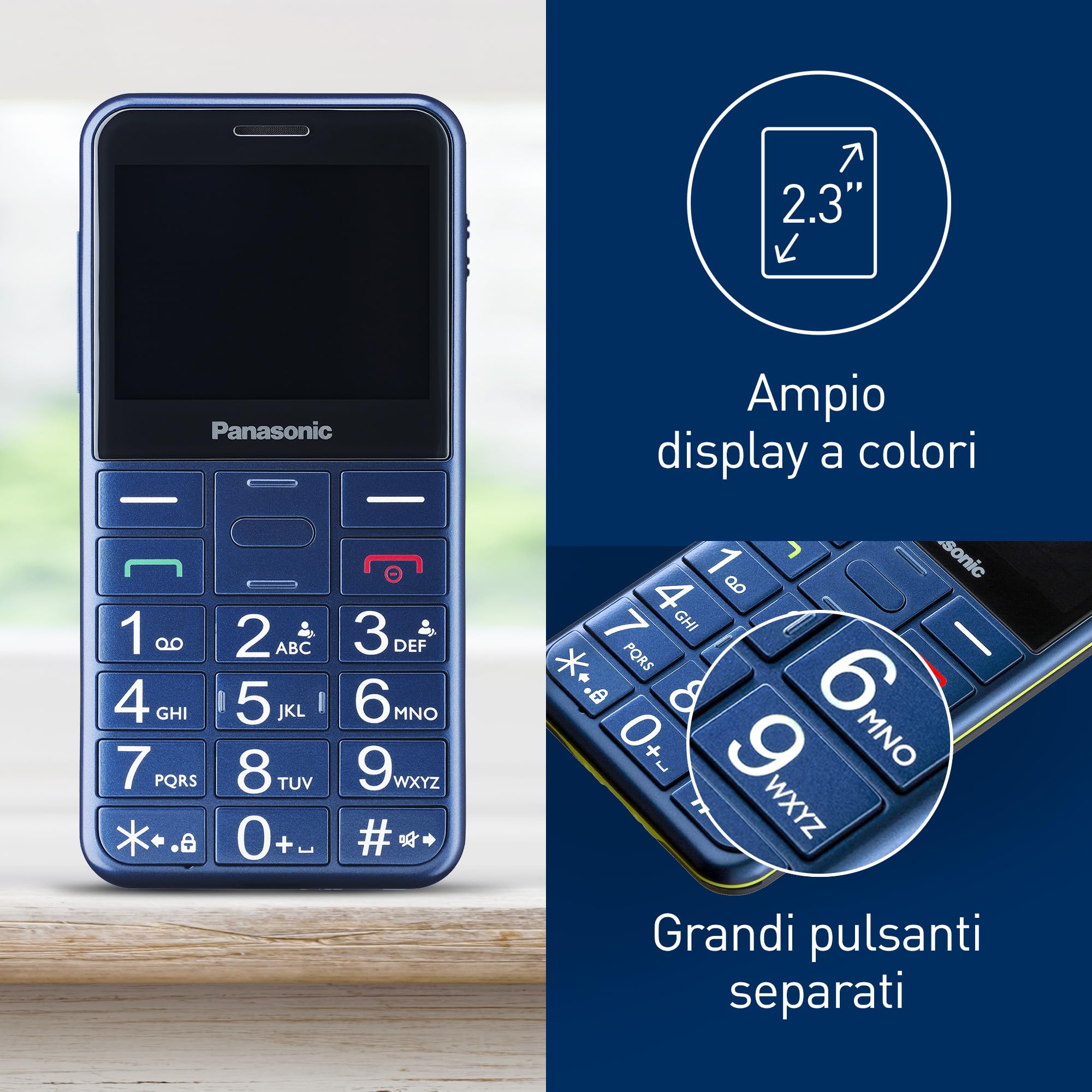 Panasonic KX-TU155EXCN Cellulare per Anziani, Pulsante SOS, Pulsanti Grandi, Compatibile Apparecchi Acustici, Bluetooth, Radio FM, Fotocamera, Base di Ricarica, Blu